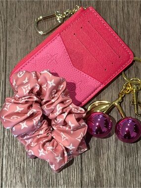 Pink Designer-Style Card Holder with Pink Logo Scrunchie & 🍒’s